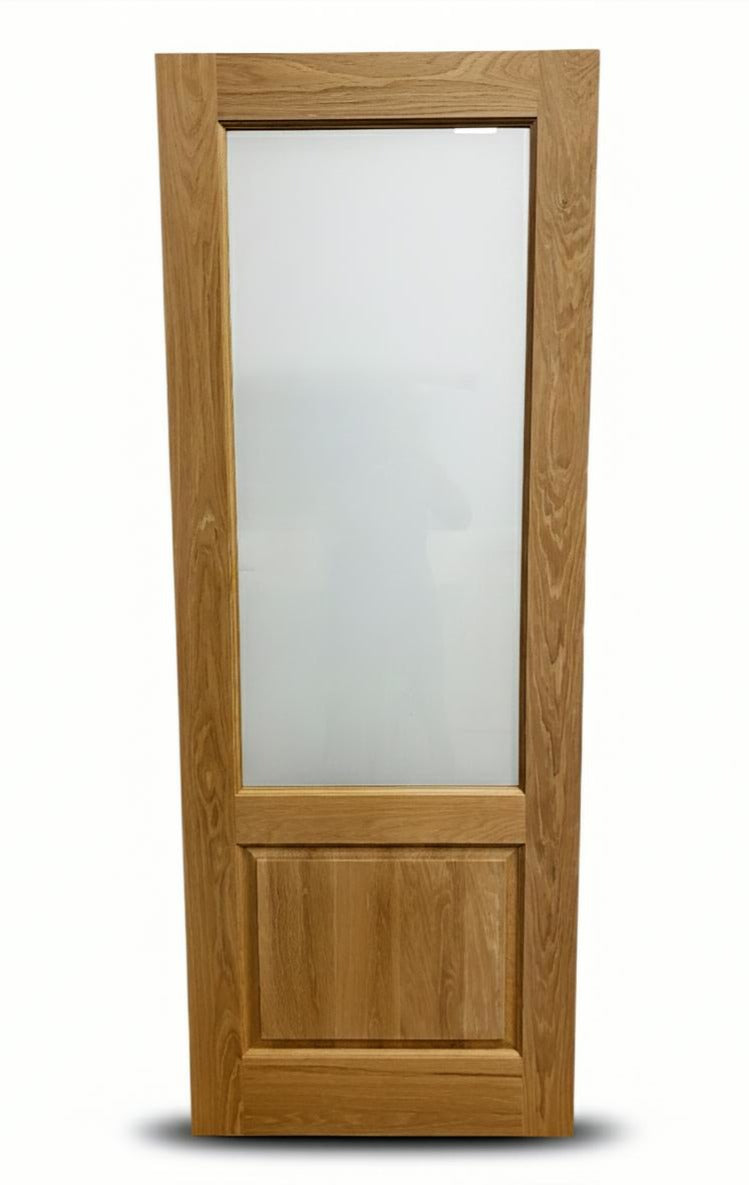 Wooden door with glass panel on a white background
