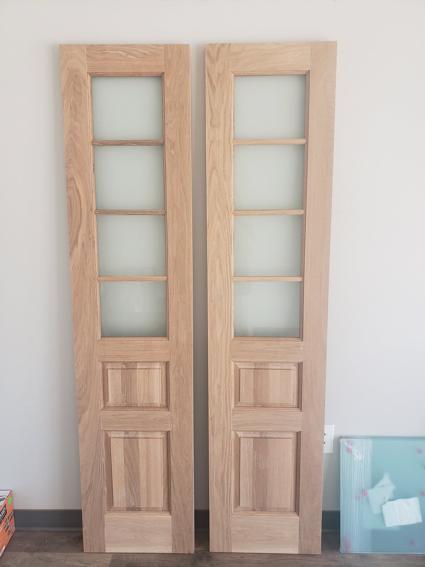 Double Raised Panel White Oak Glass Doors Four Lite